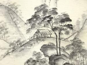 アンティーク　作家物　ひげ紬　手描き　風景模様名古屋帯